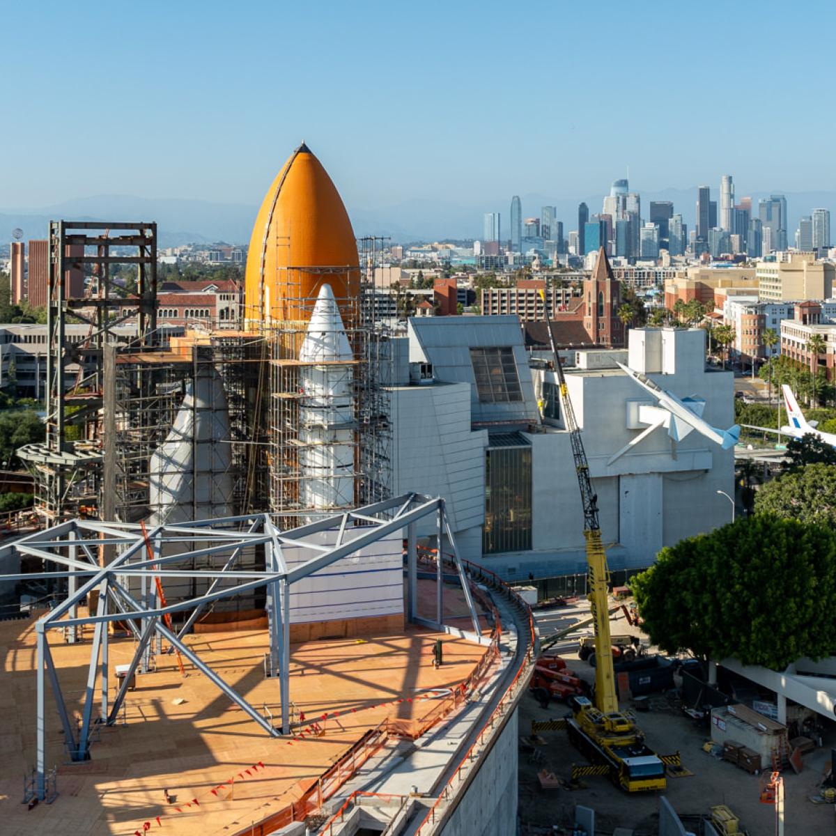 Exterior of Samuel Oschin Air and Space Center starts to take